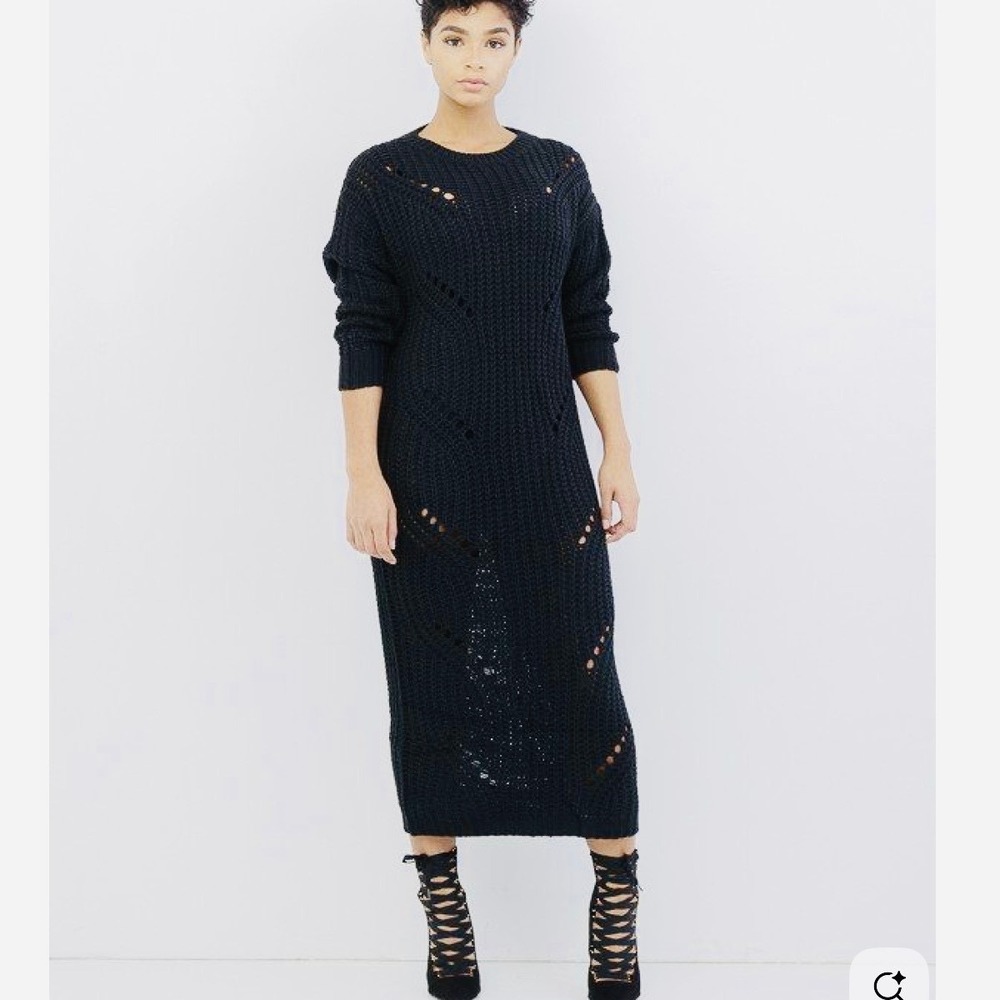 Hera Collection Black Open Ladder Back Pointelle Maxi Sweater Dress S/M 21188